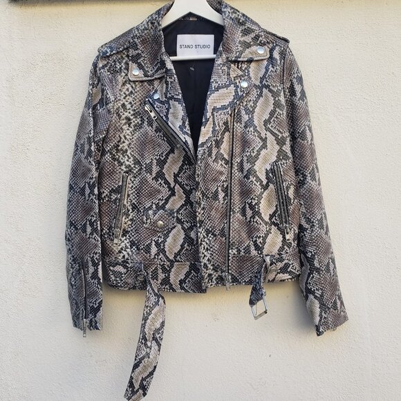 Stand Studio Polly Snakeskin-Effect Genuine Leather Biker Jacket - Picture 6 of 9